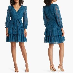 NEW ELIZA J Teal BURNOUT Long Sleeve TIERED Skirt Faux Wrap COCKTAIL DRESS 10